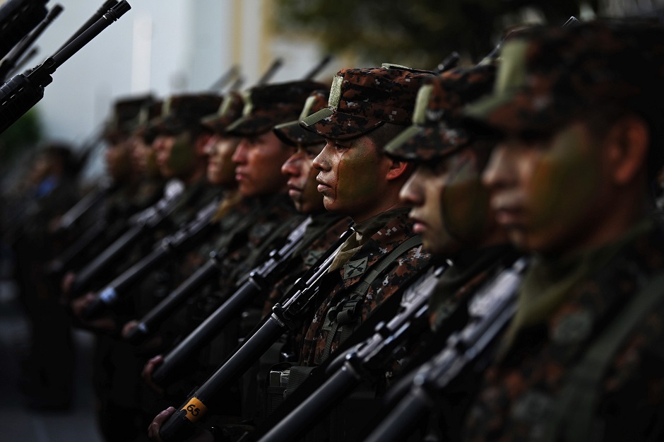 Some of 1,000 soldiers joining the Salvadoran Armed Forces remain at Gerardo Barrios square in the historical center of San Salvador. PHOTO: AFP