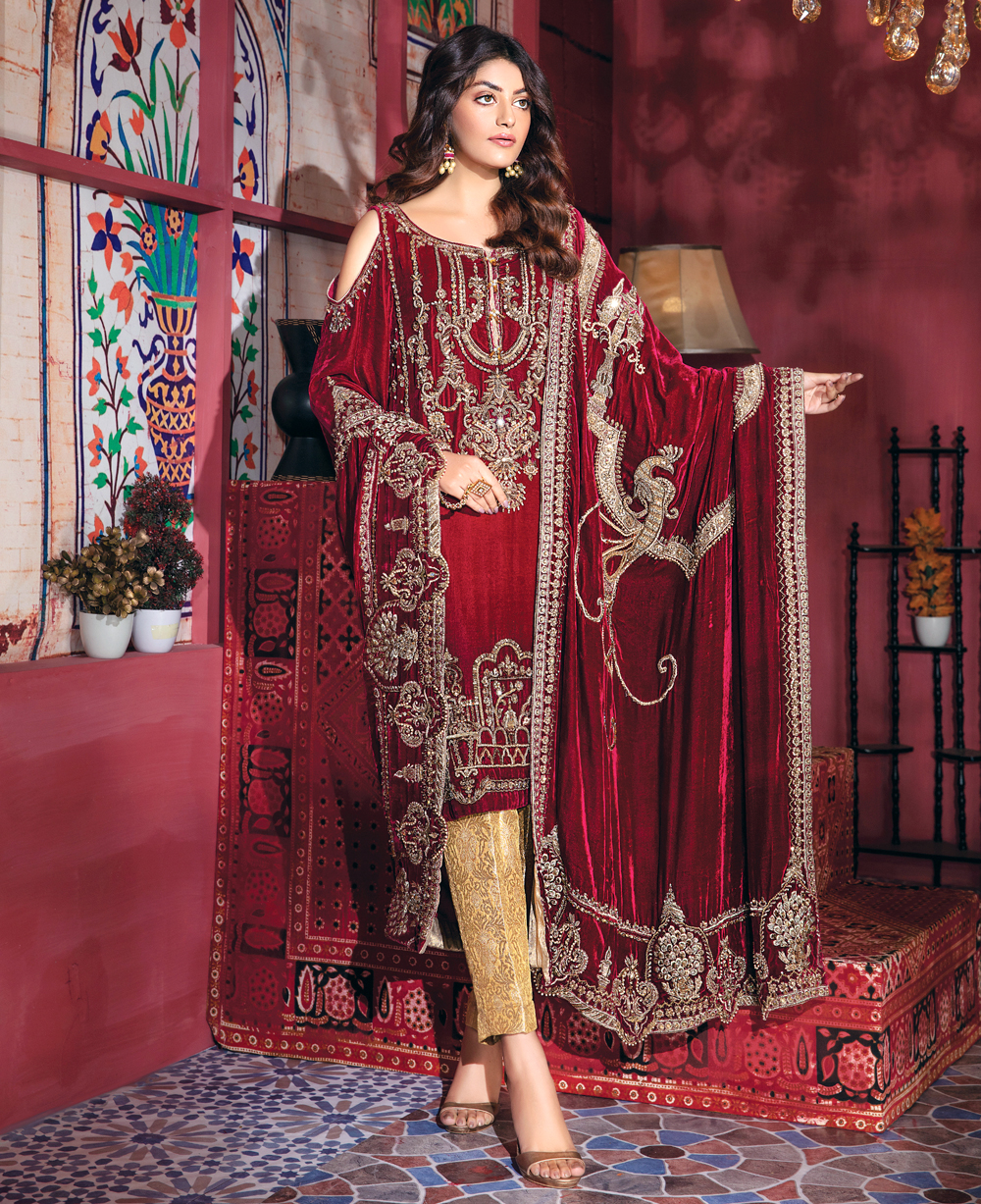 Plum Velvet Shawl Embroidered & Embellished with Gold Thread work
