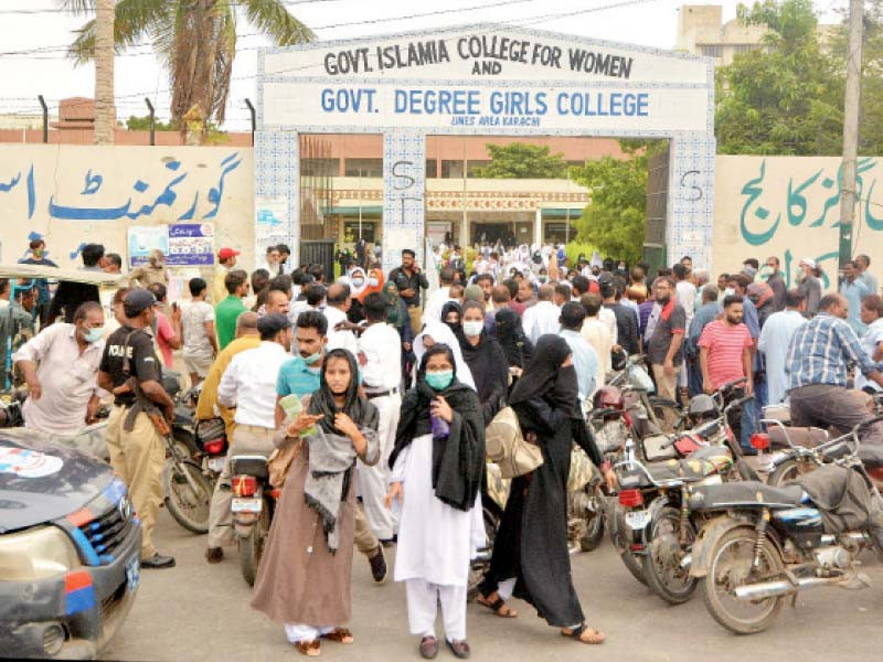 girls come out of an examination centre after the first paper of grade xii science group held under the board of intermediate education karachi on monday photo jalal qureshi express