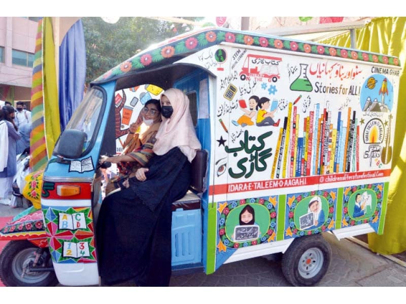 a rickshaw converted into a mobile library went on display at the pakistan learning festival organised by the arts council of pakistan karachi photo express