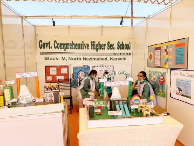 girls display their models about the climate change impact at the sindh science festival which opened at the ned university on thursday photo express girls display their models about the climate change impact at the sindh science festival which opened at the ned university on thursday photo express