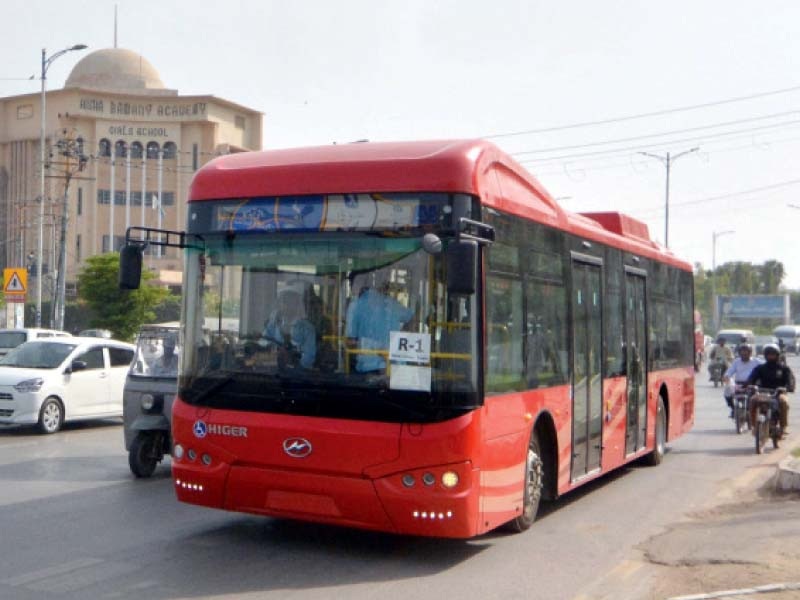 a peoples bus service vehicle drives down the sharae faisal following inauguration of the service on monday photo express