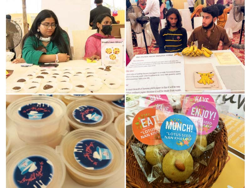 students display potato skin cookies paper made from banana peel and dietary supplements having medicinal value at an exhibition held at the ku photos express