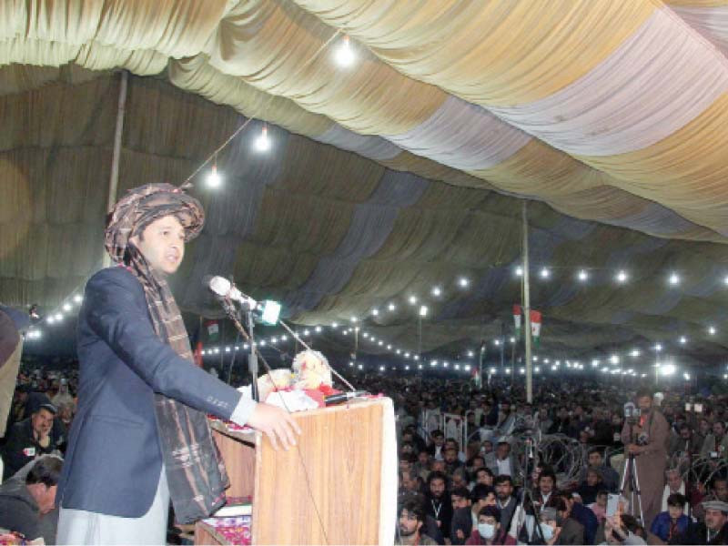 pashtunkhwa milli awami party chairman khushal khan khattak addresses a party gathering at ayub stadium in quetta photo ppi