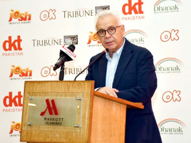 dkt international country director for pakistan george papachristou speaks at a seminar organised to mark world population day at a private hotel in islamabad photo express