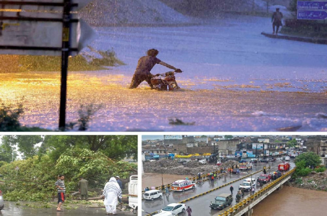 clockwise vehicles of the district administration aparked on the gawalmandi bridge crossing over nullah leh a worker chops down the branches of a fallen tree on nizamuddin road in the federal capital and a motorcyclist wades through rainwa ter on a flooded road in the garrison city photos agha mehroz agencies clockwise vehicles of the district administration aparked on the gawalmandi bridge crossing over nullah leh a worker chops down the branches of a fallen tree on nizamuddin road in the federal capital and a motorcyclist wades through rainwa ter on a flooded road in the garrison city photos agha mehroz agencies
