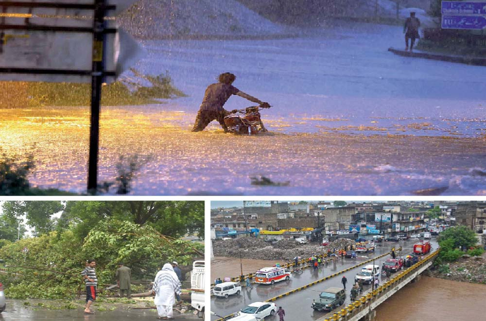 (Clockwise) Vehicles of the district administration aparked on the Gawalmandi Bridge crossing over Nullah Leh; a worker chops down the branches of a fallen tree on Nizamuddin Road in the federal capital; and a motorcyclist wades through rainwa-ter on a flooded road in the garrison city. PHOTOS: AGHA MEHROZ/AGENCIES