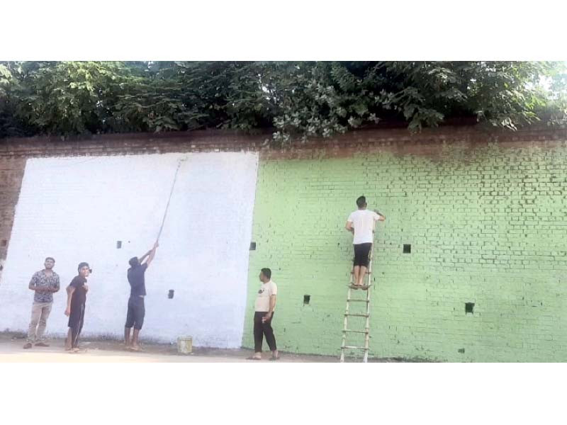 youngsters use large sticks and ladders to paint the ancient walls in the colours of the national flag to express their love for the country photo express