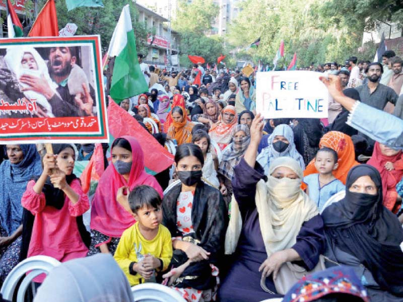 women some with their children came out in numbers to join the mqm p rally against israel in hyderabad on sunday photo inp