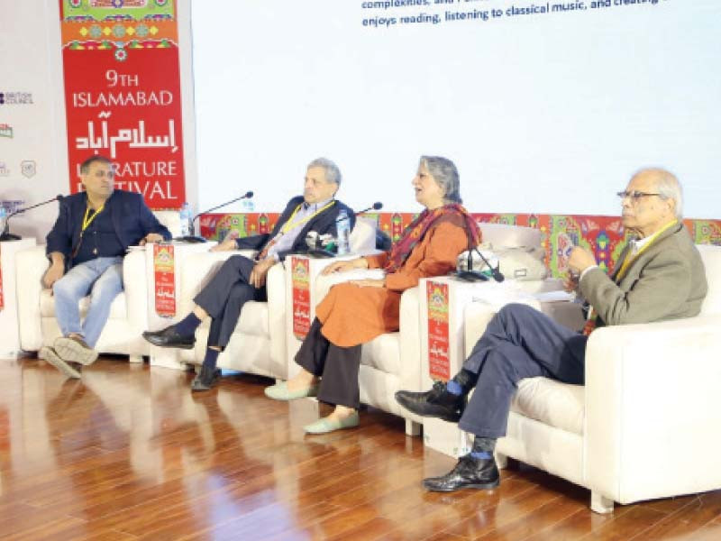 anelists hamid khan raza rabbani fauzia m sana and zahid hussain engage in a discussion as participants keenly listen to them on the second day of the islamabad literature festival photos pr agency