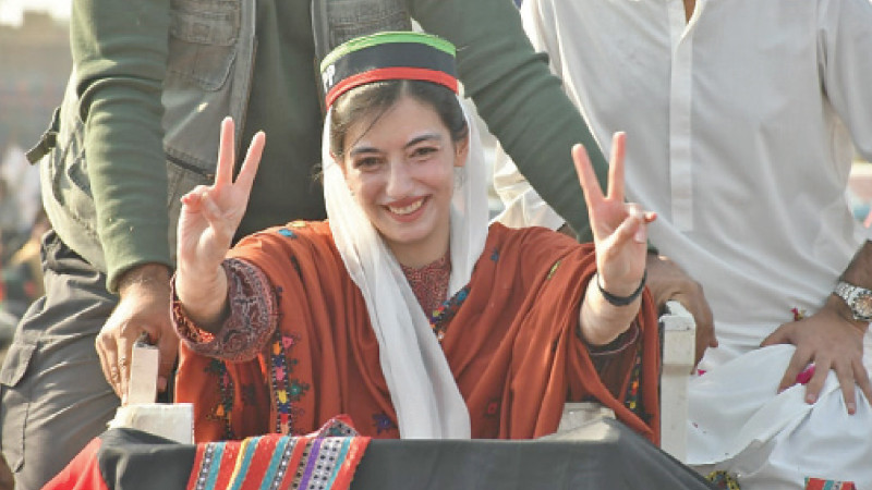 aseefa bhutto zardari flashes victory sign to supporters during a rally in tando mohammad khan on thursday photo express