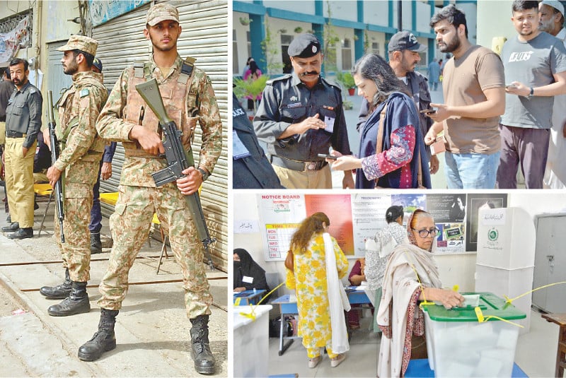 people line up to enter a polling station in dha while an elderly woman casts ballot in saddar and pak army soldiers stand guard at a highly sensitive polling station in the lines area photos jalal qureshi express