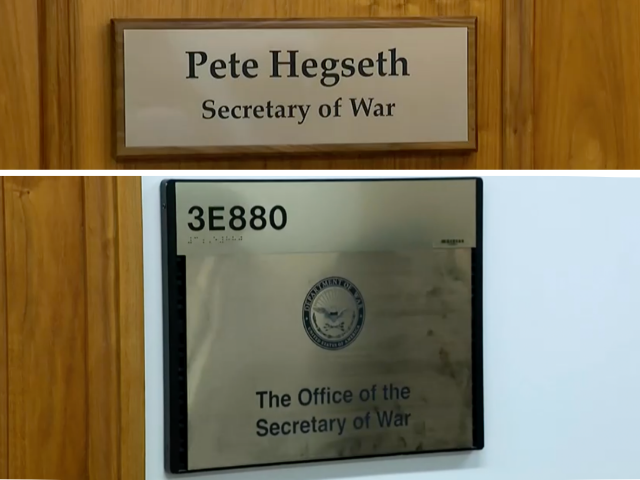 Plaques for the U.S. Secretary of Defense (now ‘Secretary of War’), Pete Hegseth [Source: Screenshot, Reuters]