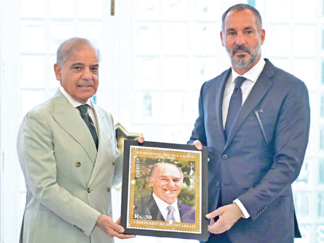 PM Shehbaz Sharif presents a commemorative postal stamp to Prince RahimAga Khan V to honour his late father Prince Karim Aga Khan IV for his services to Pakistan. PHOTO: APP