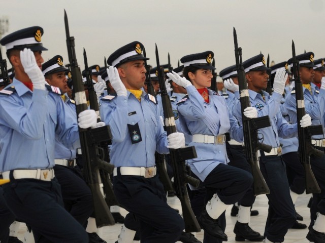 Pakistan Air Force cadets march at the mausoleum of the country's founder, Mohammad Ali Jinnah in Karachi on September 6, 2012, to mark the country s Defence Day. PHOTO: AFP