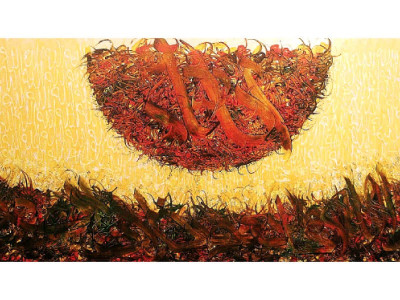 calligraphy exhibition artist uses greens and reds to evoke happiness