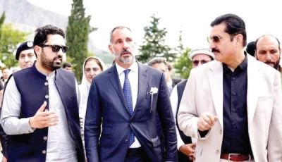 khyber pakhtunkhwa chief minister sohail afridi interacts with prince rahim aga khan on his arrival in lower chitral photo express
