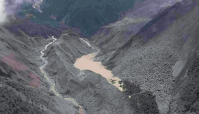 this aerial image shows a barrier lake which formed after a landslide near where nepal s chhochen khola river flows into the purepu tsangpo river in gyirong county in china s tibet region photo afp
