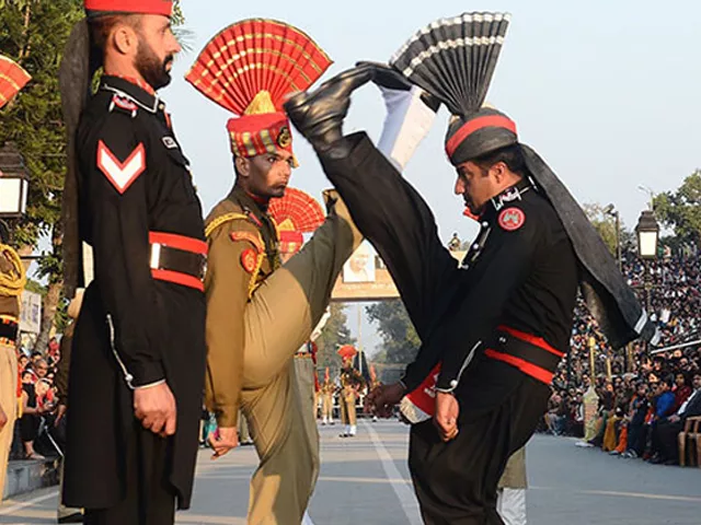 punjab rangers in black and indian border security force personnel in brown perform the flag off ceremony at the pakistan india wagah border post photo afp punjab rangers in black and indian border security force personnel in brown perform the flag off ceremony at the pakistan india wagah border post photo afp