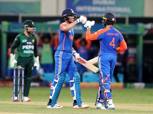 india s shubman gill and abhishek sharma cheer during the pakistan v india asia cup match at dubai international cricket stadium uae on september 21 photo reuters