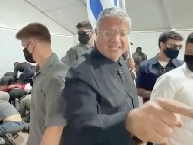 Israeli National Security Minister Itamar Ben Gvir reacts as flotilla activists are detained by Israeli forces in Ashdod Port. Photo: REUTERS