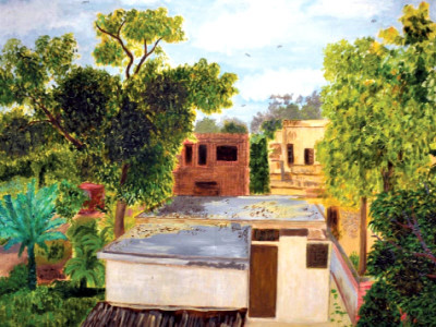 art exhibition in sunset hues