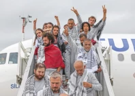 activists from the gaza bound global sumud flotilla disembark a plane upon arrival at istanbul airport photo reuters