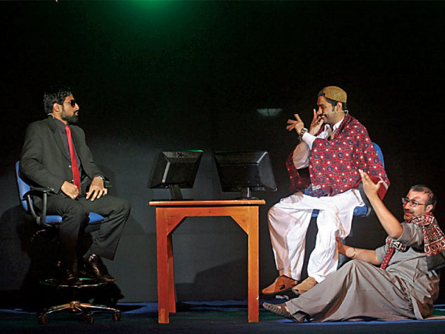 a parody of the show kaun banega crorepati being performed during the komedy drama kombat organised on sunday at iqra university here a student playing the show s host amitabh bachchan asks the contenstant the infamous wadera from ali gul pir s viral song a question photo express