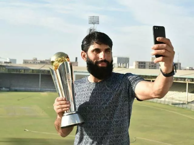 misbah ul haq poses with the icc champions trophy icc champions trophy 2017 karachi march 30 2017 photo pcb misbah ul haq poses with the icc champions trophy icc champions trophy 2017 karachi march 30 2017 photo pcb