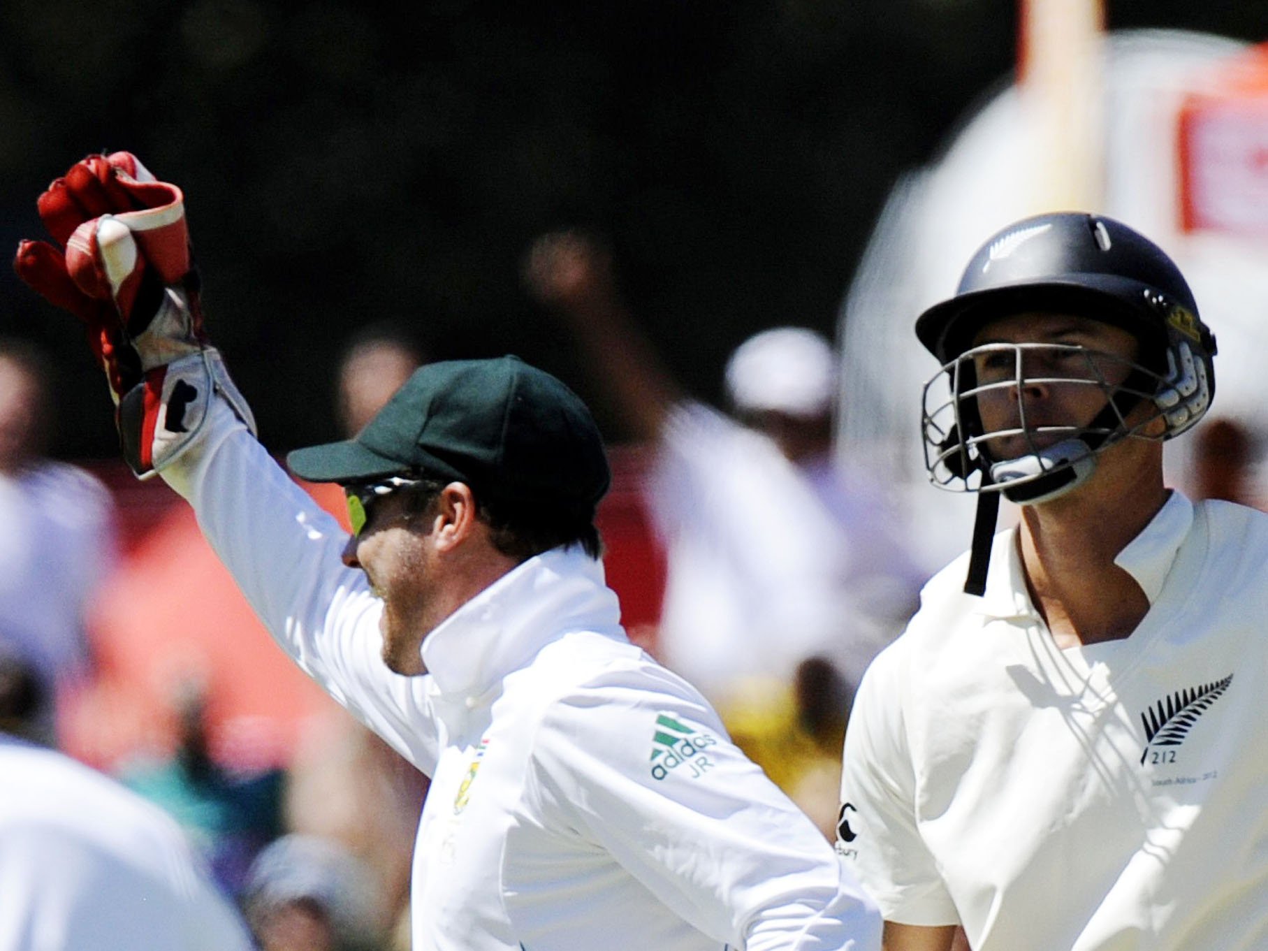 south african cricketer ab de villiers c celebrates after taking the wicket of new zealand batsman chris martin photo afp