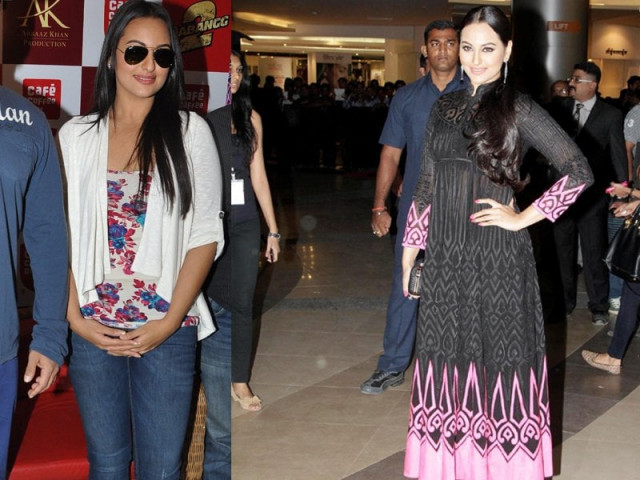 sinha appears at cafe coffee day s launch in a casual avatar but she opts for a classy look at premiere of dabangg2 sinha appears at cafe coffee day s launch in a casual avatar but she opts for a classy look at premiere of dabangg2