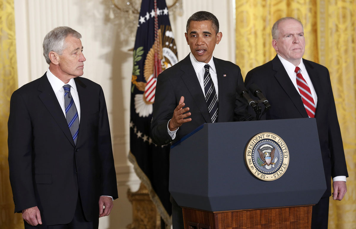 us president barack obama c announces his nominees for new us secretary of defense former republican us senator chuck hagel l and new cia director white house counterterrorism adviser john brennan r at the white house in washington january 7 2013 photo reuters