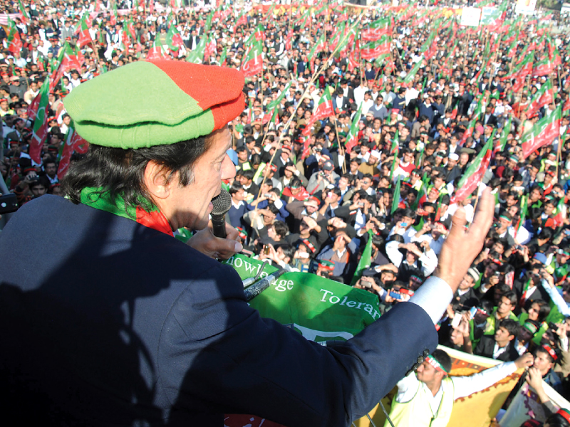 pti chief imran khan addresses a public rally at tehmas khan stadium on thursday photo express muhammad iqbal