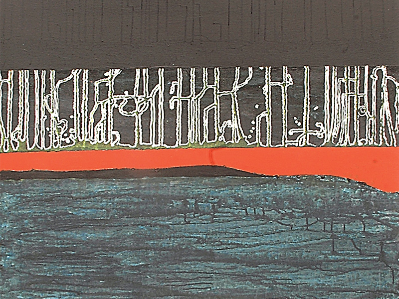soraya sikander s landscape with black trees into calligraphy using acrylic on canvas was inspired by karachi above while city life london by night using acrylic on paper below was made in london photo courtesy unicorn gallery