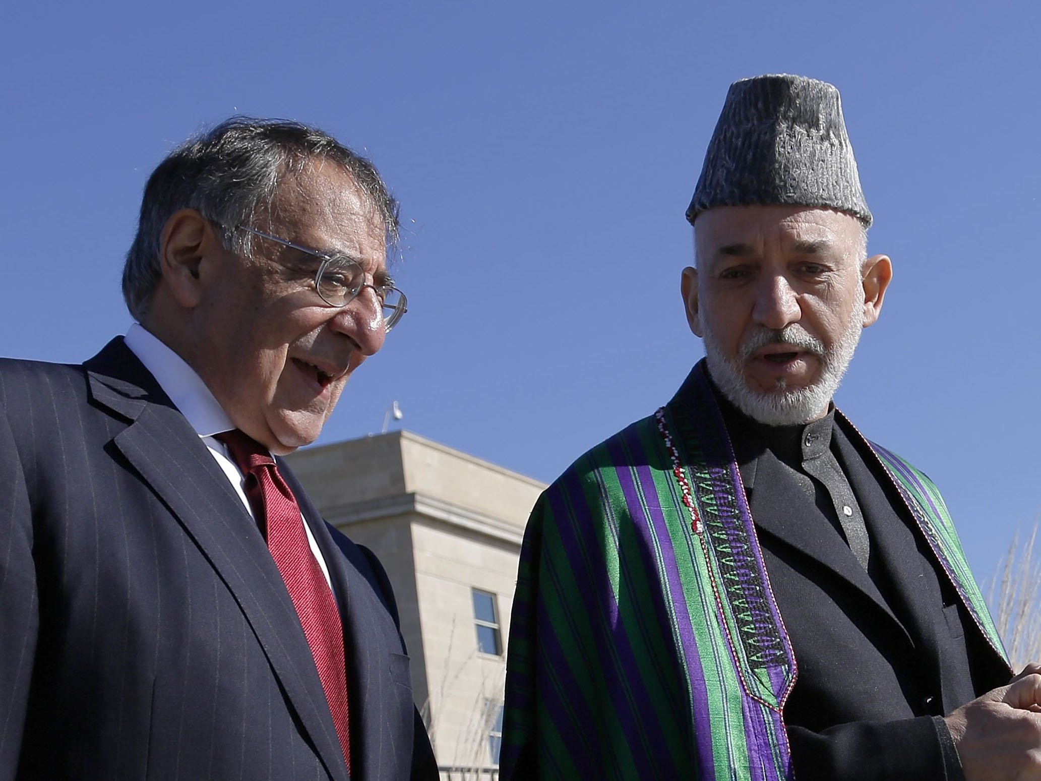 president of afghanistan hamid karzai r talks with us defense secretary leon panetta l during his trip to the pentagon photo reuters