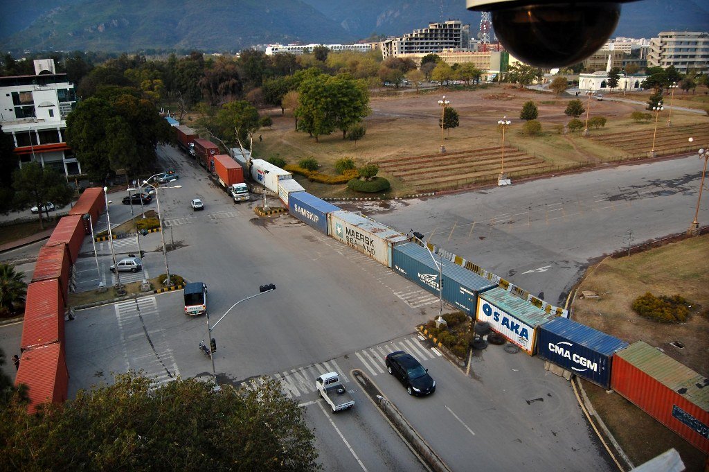 containers are placed to block d chowk in islamabad to stop participants of long march from entering the red zone photo muhammad javaid the express tribune