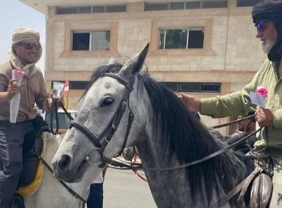 pilgrims from europe arrive in saudi arabia on horseback to perform hajj