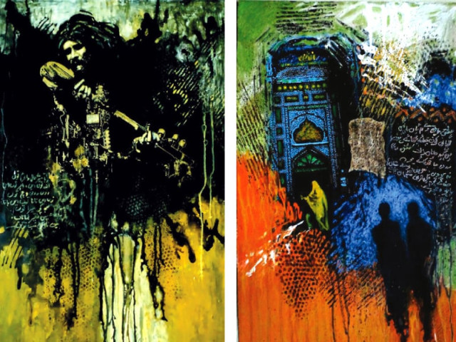 the artist incorporates bulleh shah s poetry in the background of his paintings photo express the artist incorporates bulleh shah s poetry in the background of his paintings photo express