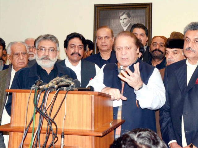 pml n chief nawaz sharif and pml f chief pir pagara hold in a joint press conference in lahore photo ppi pml n chief nawaz sharif and pml f chief pir pagara hold in a joint press conference in lahore photo ppi