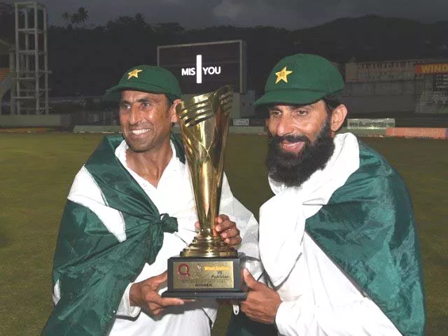 retiring pakistan cricket team members younis khan l and captain misbah ul haq r celebrate with the series trophy after winning the final test match and the series 2 1 against the west indies at the windsor park stadium in roseau dominica on may 14 2017 photo afp retiring pakistan cricket team members younis khan l and captain misbah ul haq r celebrate with the series trophy after winning the final test match and the series 2 1 against the west indies at the windsor park stadium in roseau dominica on may 14 2017 photo afp