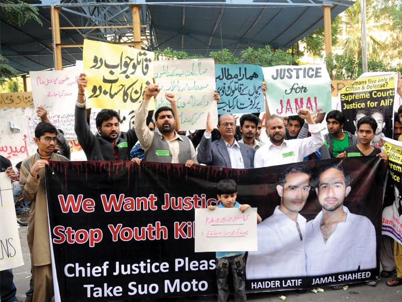 a protest was organised on sunday outside the karachi press club at which the friends and family of haider and jamal qadri demanded that the perpetrators who attacked them be brought to justice photo express