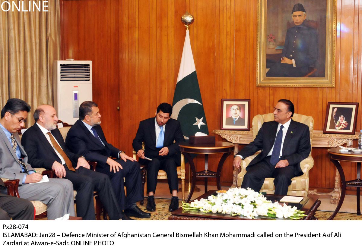 president asif ali zardari met with an afghan delegation led by afghanistan 039 s defence minister general bismillah khan mohammadi in islamabad on monday photo online