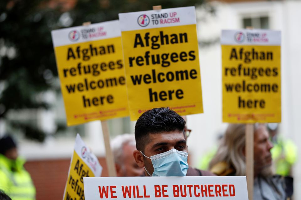 demonstrators take part in a protest called jointly by stand up to racism and the afghan human rights foundation in support of refugees from afghanistan in london britain august 23 2021 photo reuters