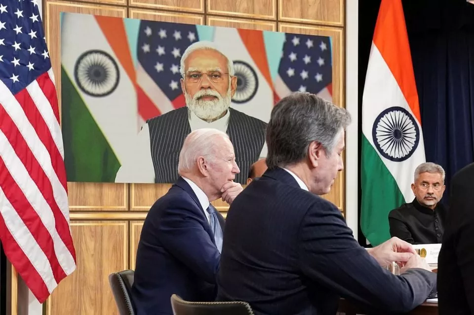 us president joe biden seated with u s secretary of state antony blinken and india s foreign minister subrahmanyam jaishankar holds a videoconference with india s prime minister narendra modi to discuss russia s war with ukraine from the white house in washington u s april 11 2022 reuters us president joe biden seated with u s secretary of state antony blinken and india s foreign minister subrahmanyam jaishankar holds a videoconference with india s prime minister narendra modi to discuss russia s war with ukraine from the white house in washington u s april 11 2022 reuters