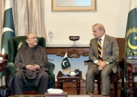 president asif ali zardari and prime minister shehbaz sharif interact during a meeting at the presidency photo ppi