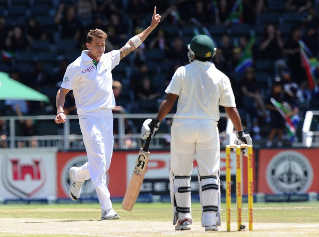 south african fast bowler dale steyn l celebrates the wicket of shafiq asad r on day four of the first test match between south africa and pakistan on february 4 2013 at wanderers stadium in johannesburg photo afp south african fast bowler dale steyn l celebrates the wicket of shafiq asad r on day four of the first test match between south africa and pakistan on february 4 2013 at wanderers stadium in johannesburg photo afp
