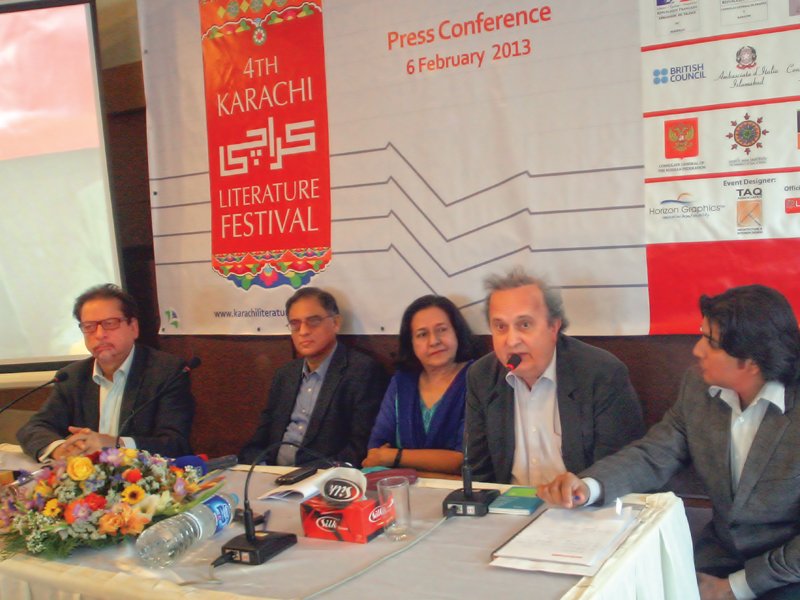 from left to right arts council president ahmed shah writer asif farrukhi oup managing director ameena saiyid goethe institut director dr manuel negwer and moderator ahsan raza firdousi at the pre launch event of the fourth karachi literature festival on wednesday photo athar khan express