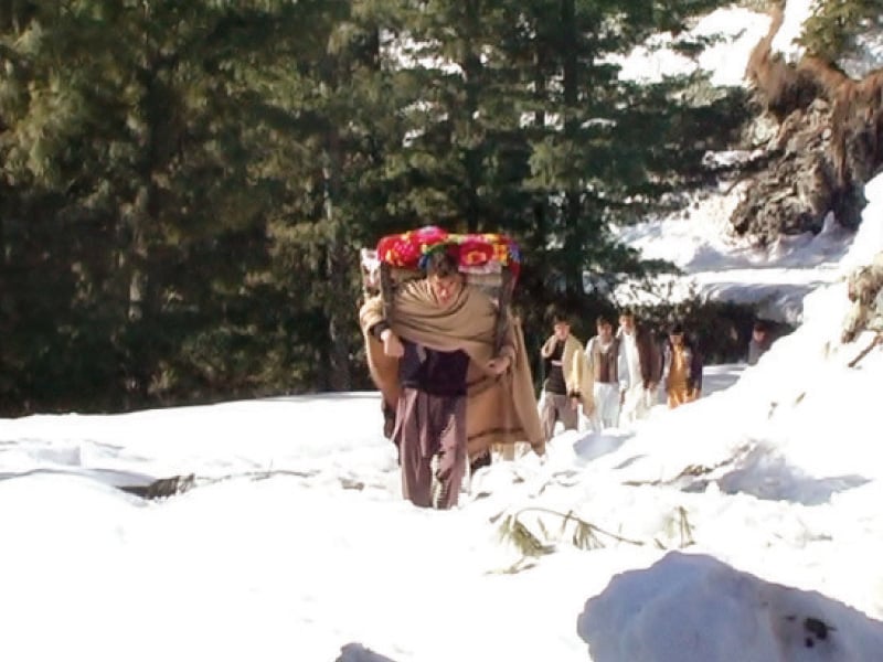 villagers on foot carrying a relative in need of medical care photo express