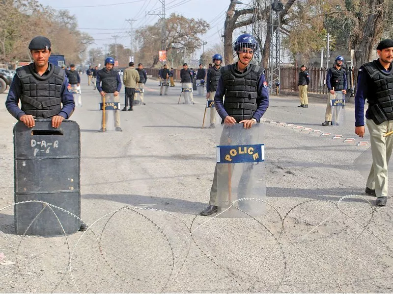 police blocked sher shah road to prevent tribal protestors from holding a protest outside governor house police blocked sher shah road to prevent tribal protestors from holding a protest outside governor house