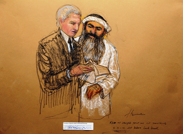 in this courtroom drawing reviewed and approved for release by a us military security official khalid sheik mohammed consults defense attorney civilian david nevin during a break photo afp